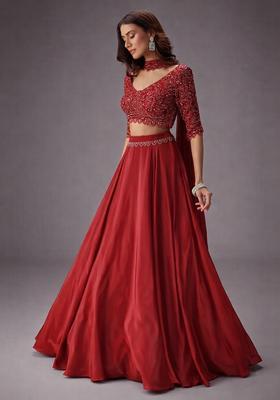 Red Embroidered Handwork  Lehenga Set
