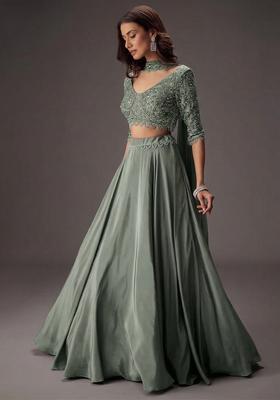 Sage Green Embroidered Handwork  Lehenga Set