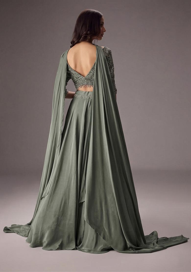 Sage Green Embroidered Handwork Lehenga Set - Indya