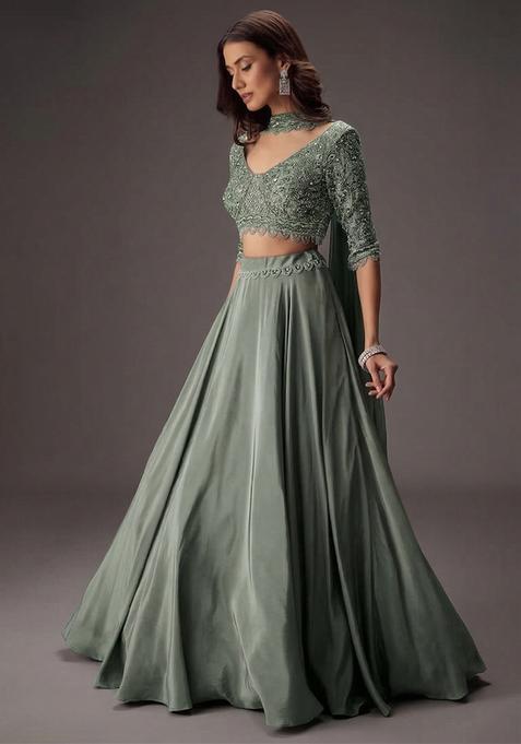 Sage Green Embroidered Handwork  Lehenga Set