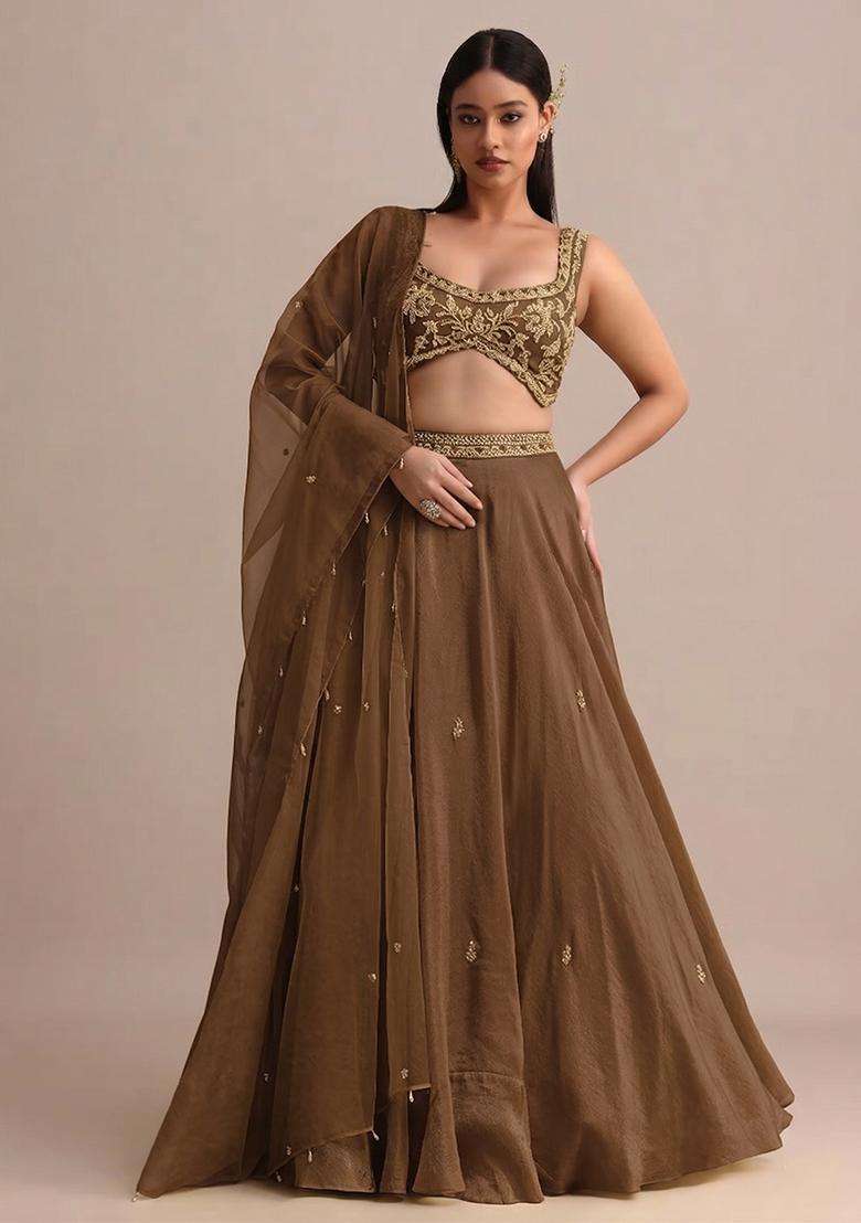 Chocolate Brown Embroidered Handwork Lehenga Set - Indya