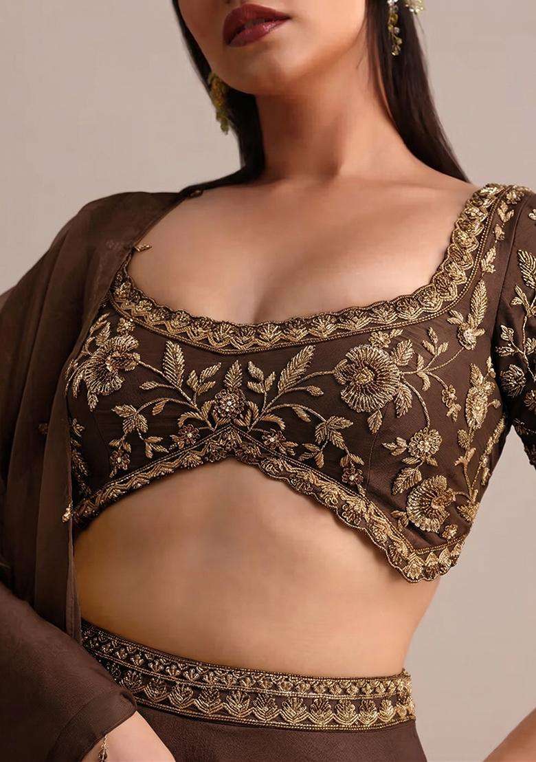 Chocolate Brown Embroidered Handwork Lehenga Set - Indya