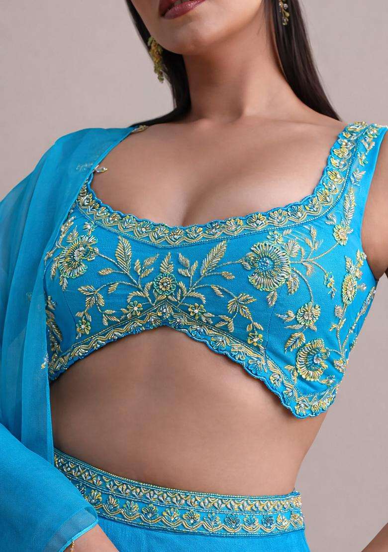Blue Embroidered Handwork Lehenga Set - Indya
