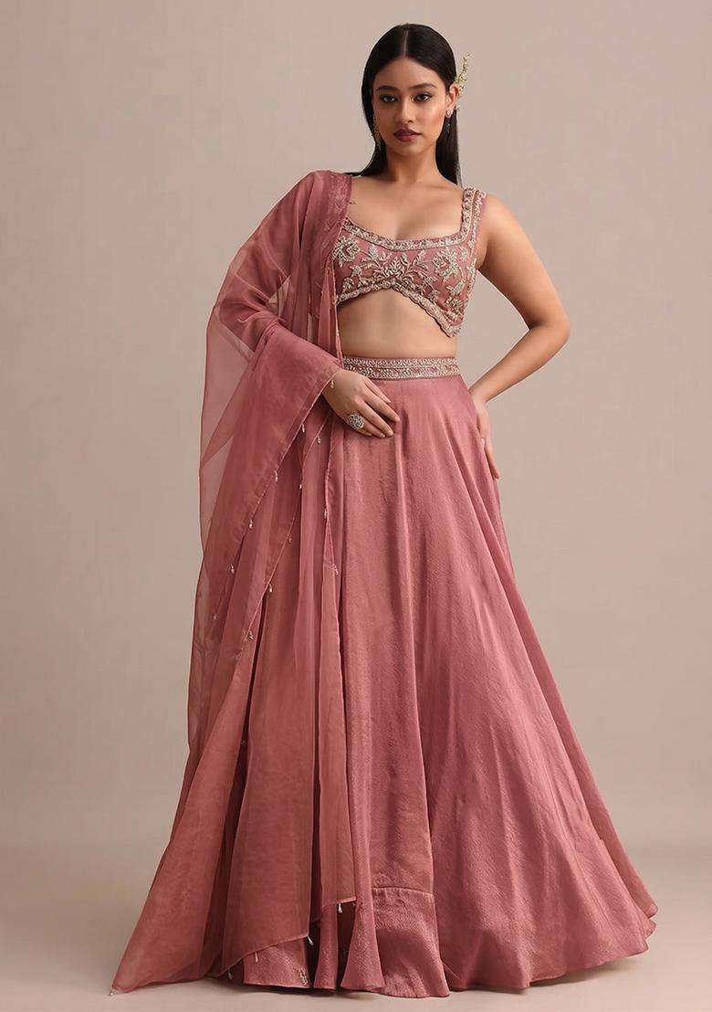 Dusky Rose Embroidered Handwork Lehenga Set - Indya