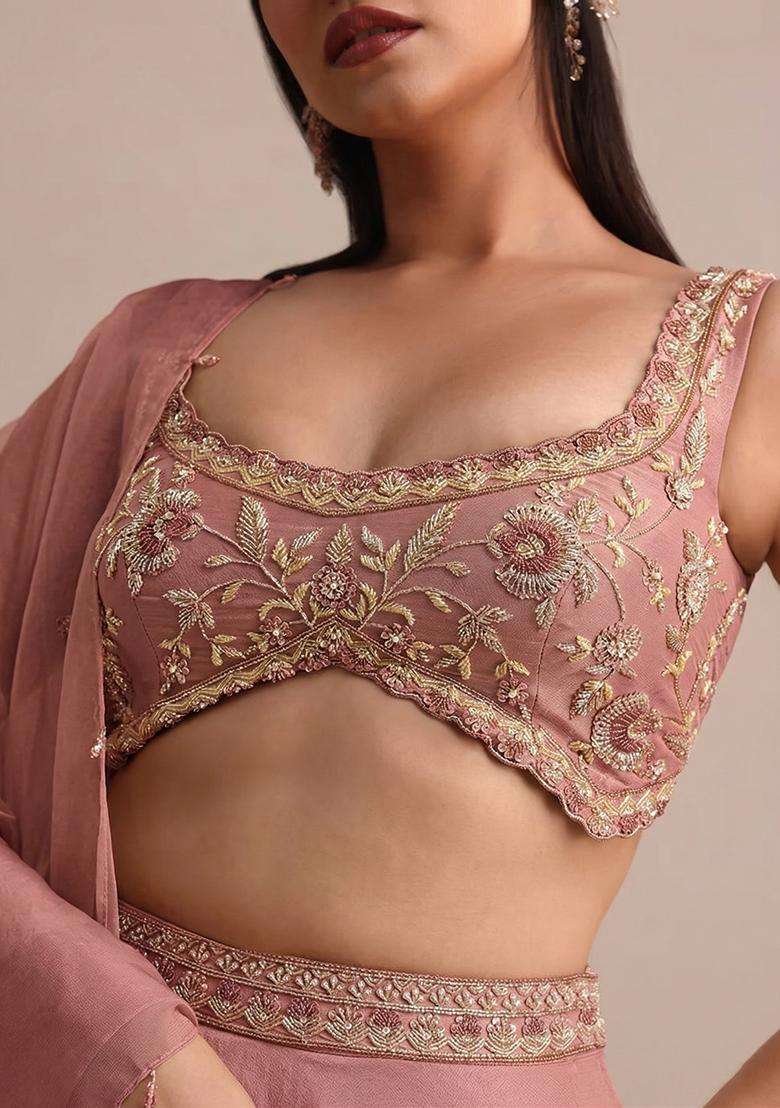 Dusky Rose Embroidered Handwork Lehenga Set - Indya