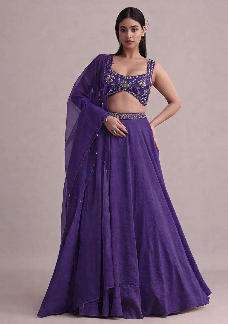 Purple Embroidered Handwork Lehenga Set - Indya