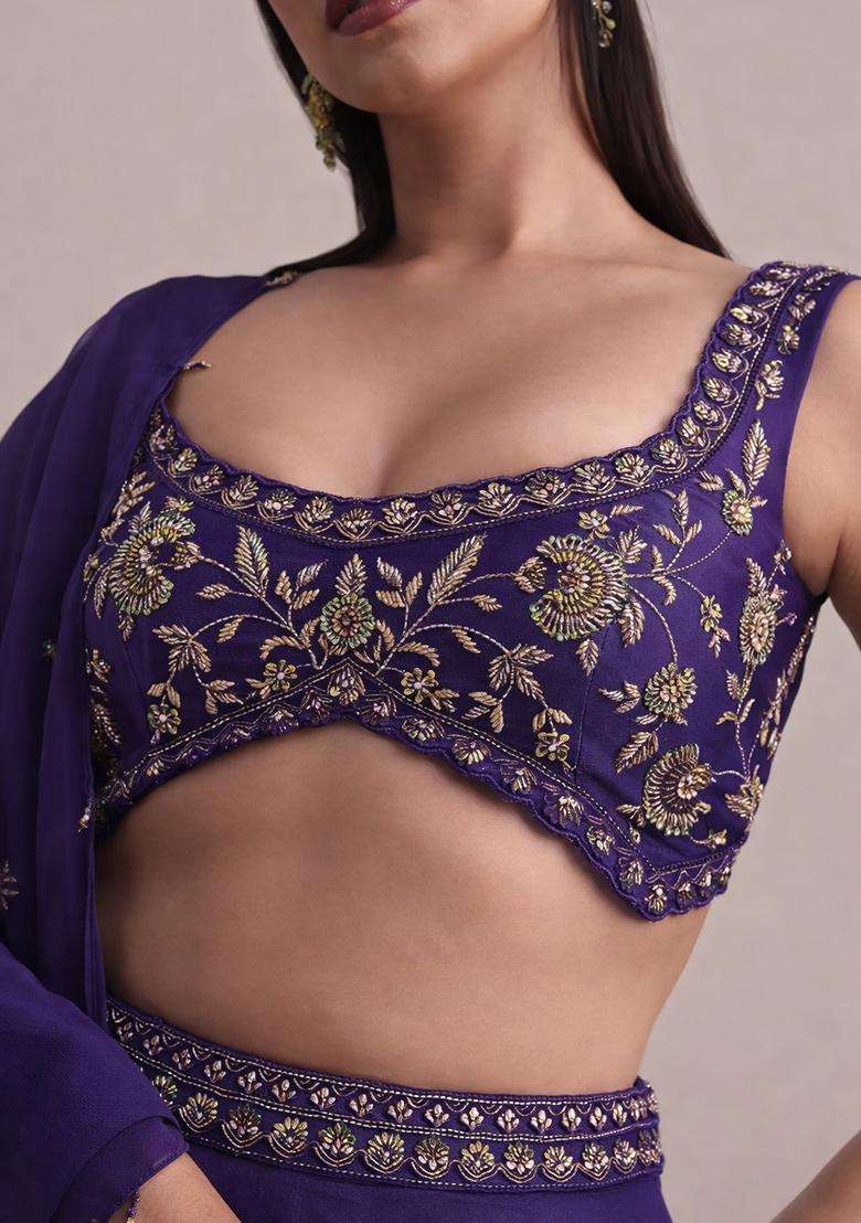 Purple Embroidered Handwork Lehenga Set - Indya