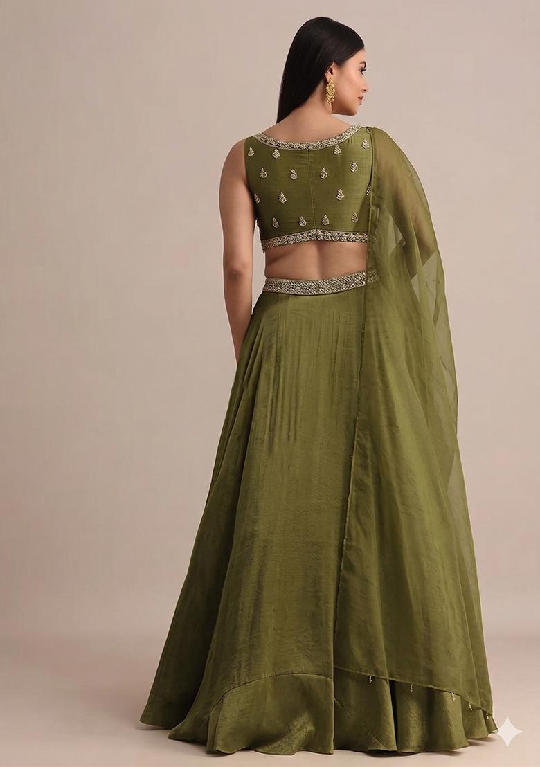 Olive Embroidered Handwork Lehenga Set - Indya