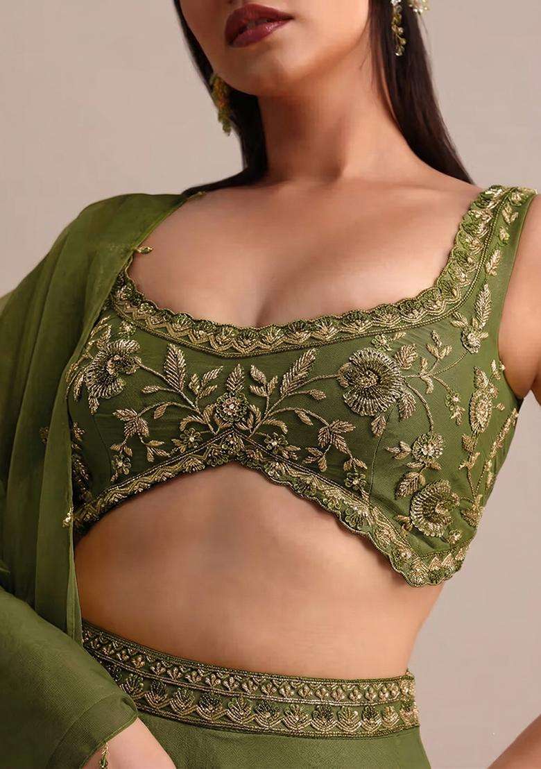 Olive Embroidered Handwork Lehenga Set - Indya