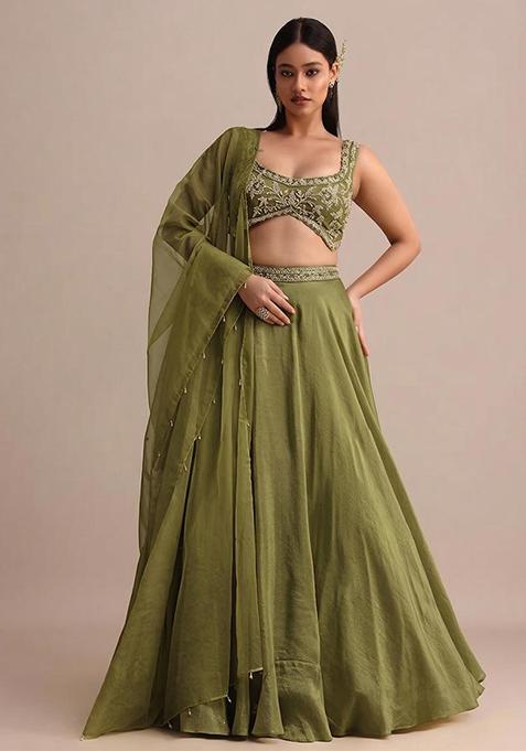 Olive Embroidered Handwork  Lehenga Set