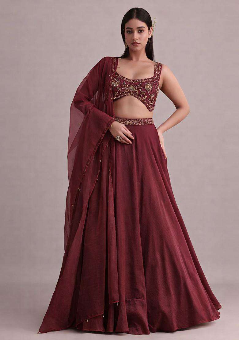 Wine Embroidered Handwork Lehenga Set - Indya