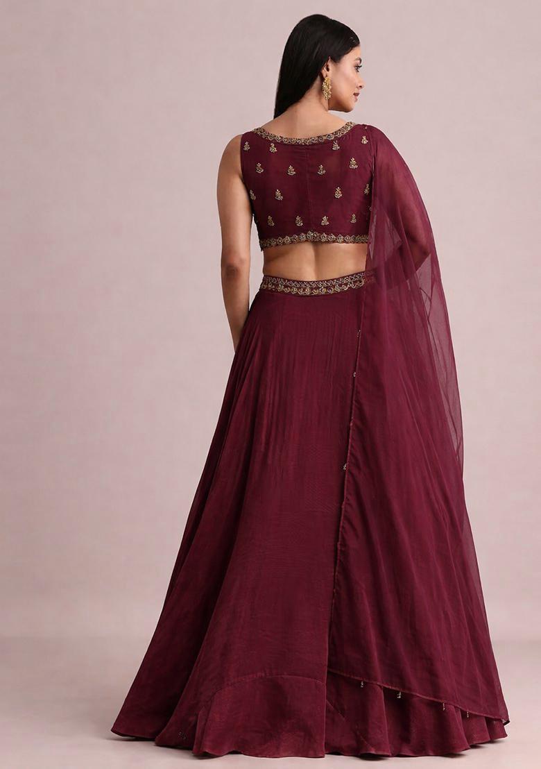 Wine Embroidered Handwork Lehenga Set - Indya