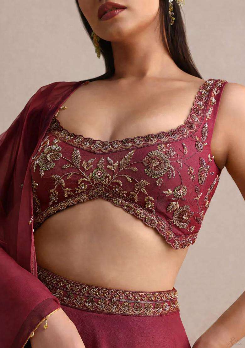 Wine Embroidered Handwork Lehenga Set - Indya