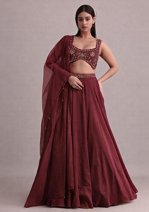 Wine Embroidered Handwork  Lehenga Set