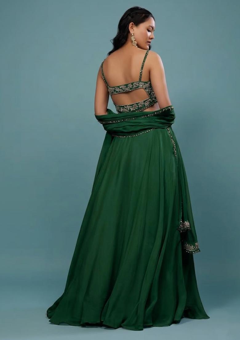 Green Embroidered Handwork Lehenga Set - Indya