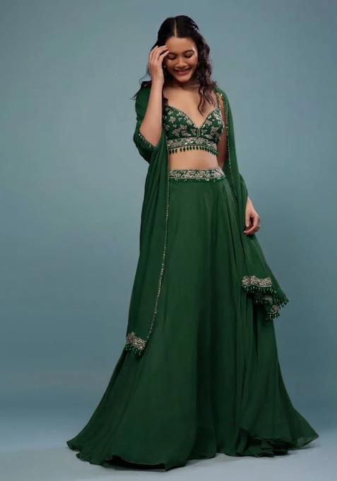 Green Embroidered Handwork  Lehenga Set