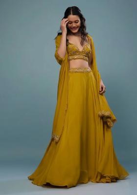 Mustard Yellow Embroidered Handwork  Lehenga Set
