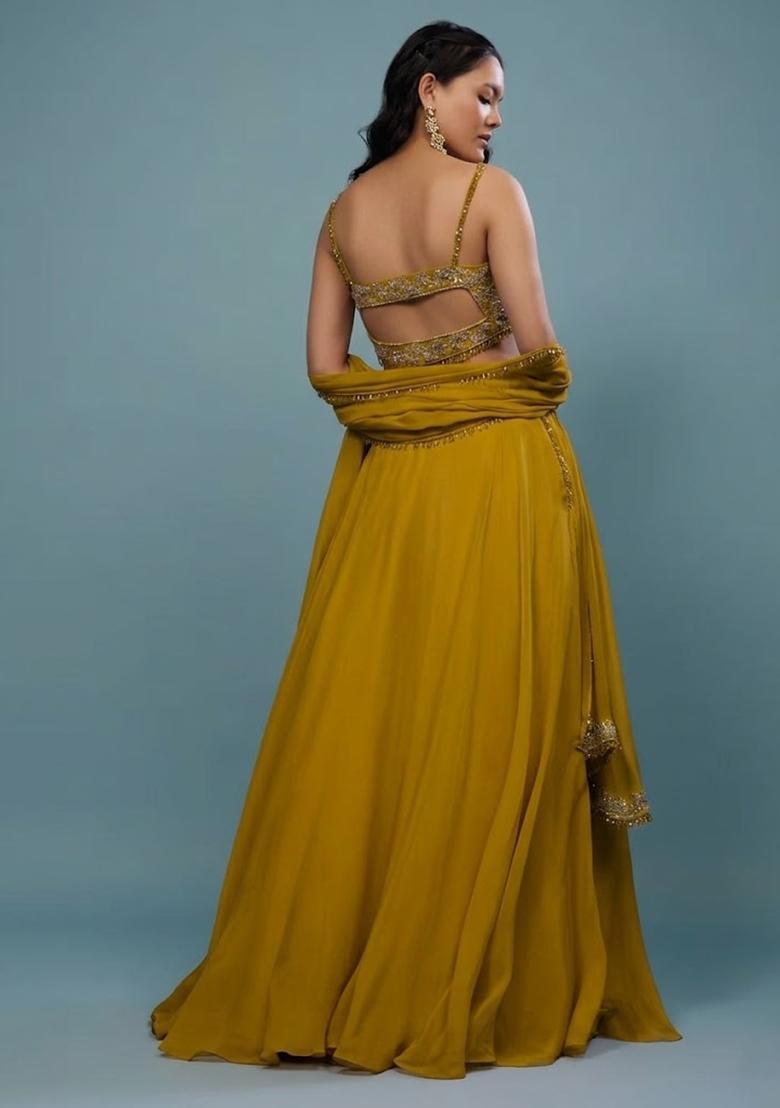 Mustard Yellow Embroidered Handwork Lehenga Set - Indya