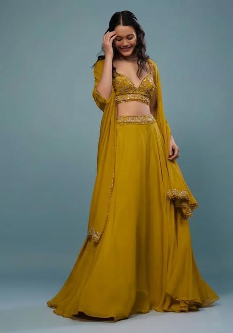 Mustard Yellow Embroidered Handwork  Lehenga Set
