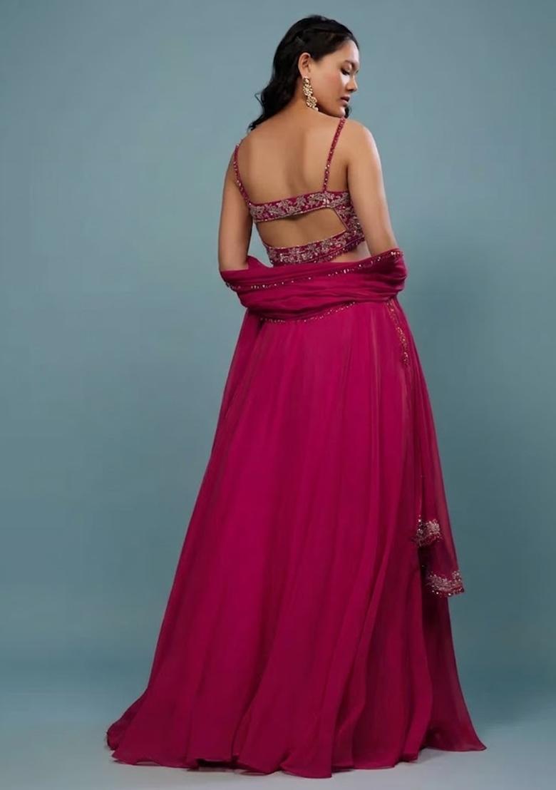 Pink Embroidered Handwork Lehenga Set - Indya