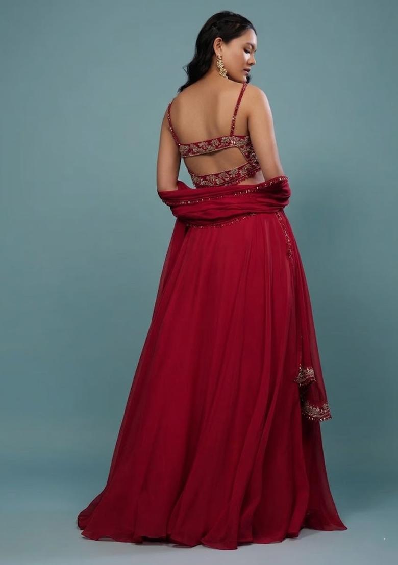 Red Embroidered Handwork Lehenga Set - Indya