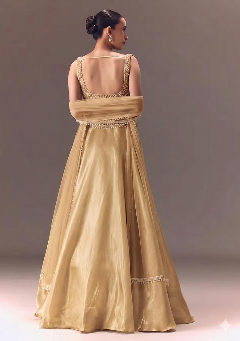 Champagne Gold Embroidered Handwork Lehenga Set - Indya