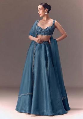 Teal Embroidered Handwork Lehenga Set