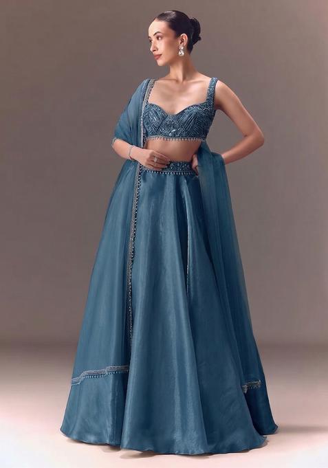 Teal Embroidered Handwork  Lehenga Set