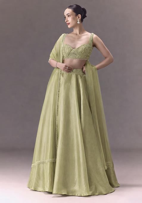 Mint Green Embroidered Handwork  Lehenga Set