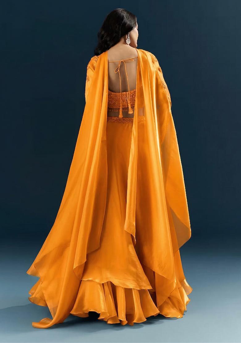 Tangerine Orange Embroidered Handwork Lehenga Set - Indya
