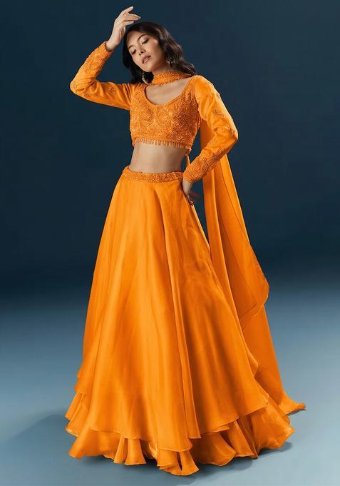 Tangerine Orange Embroidered Handwork  Lehenga Set
