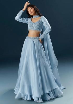 Sky Blue Embroidered Handwork  Lehenga Set