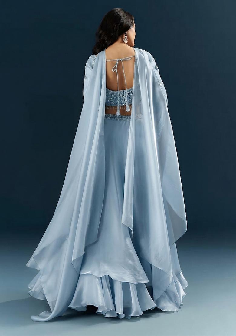 Sky Blue Embroidered Handwork Lehenga Set - Indya
