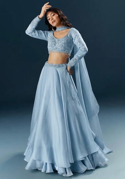Sky Blue Embroidered Handwork Lehenga Set