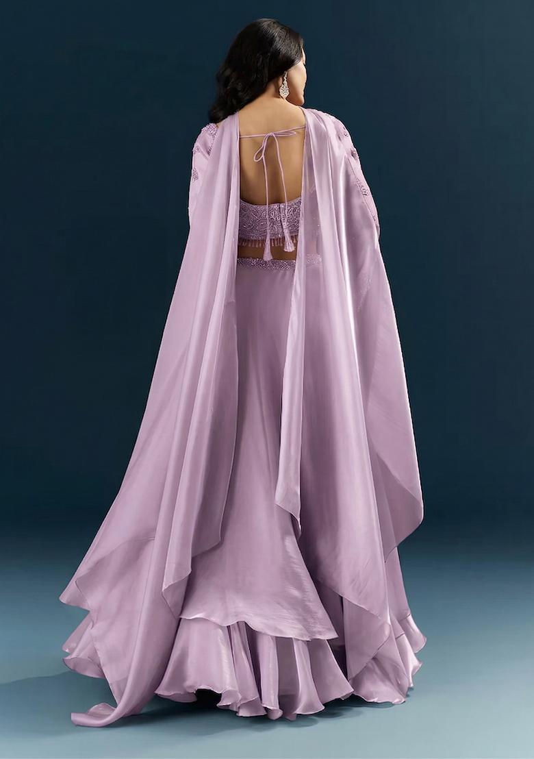 Lavendar Embroidered Handwork Lehenga Set - Indya