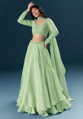 Mint Green Embroidered Handwork  Lehenga Set
