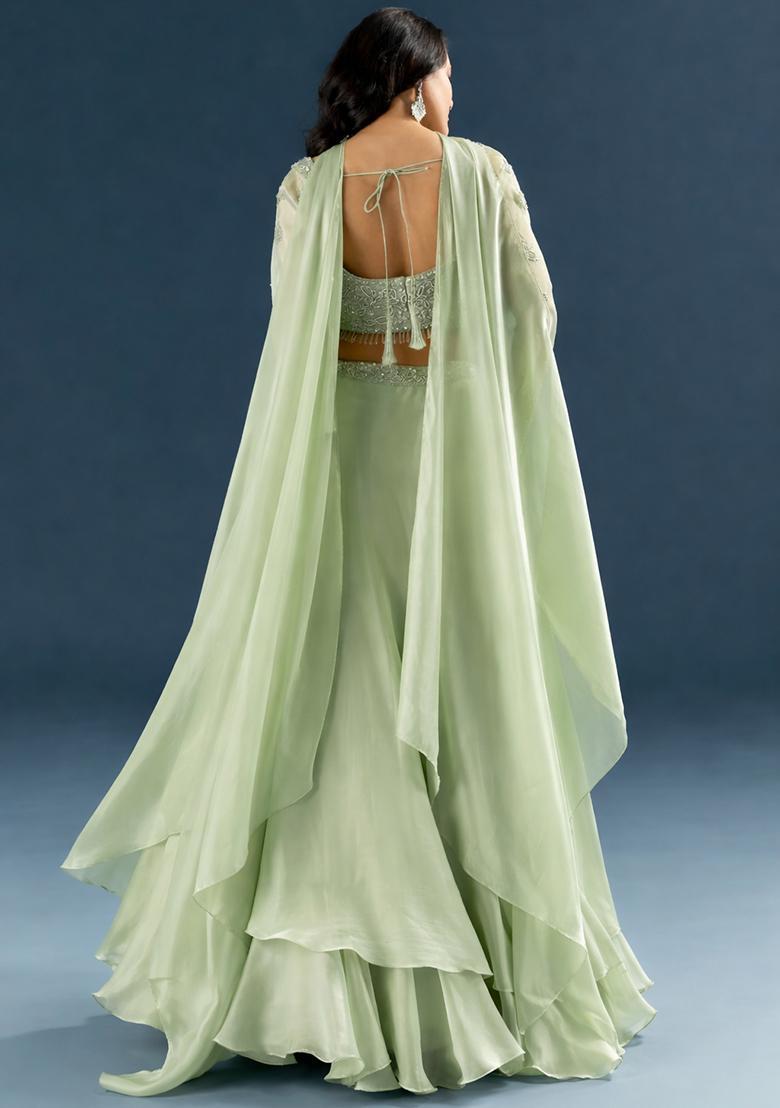 Mint Green Embroidered Handwork Lehenga Set - Indya