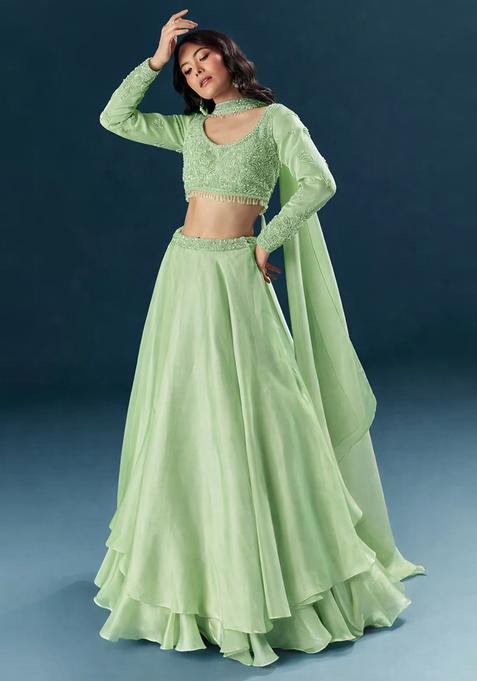 Mint Green Embroidered Handwork  Lehenga Set