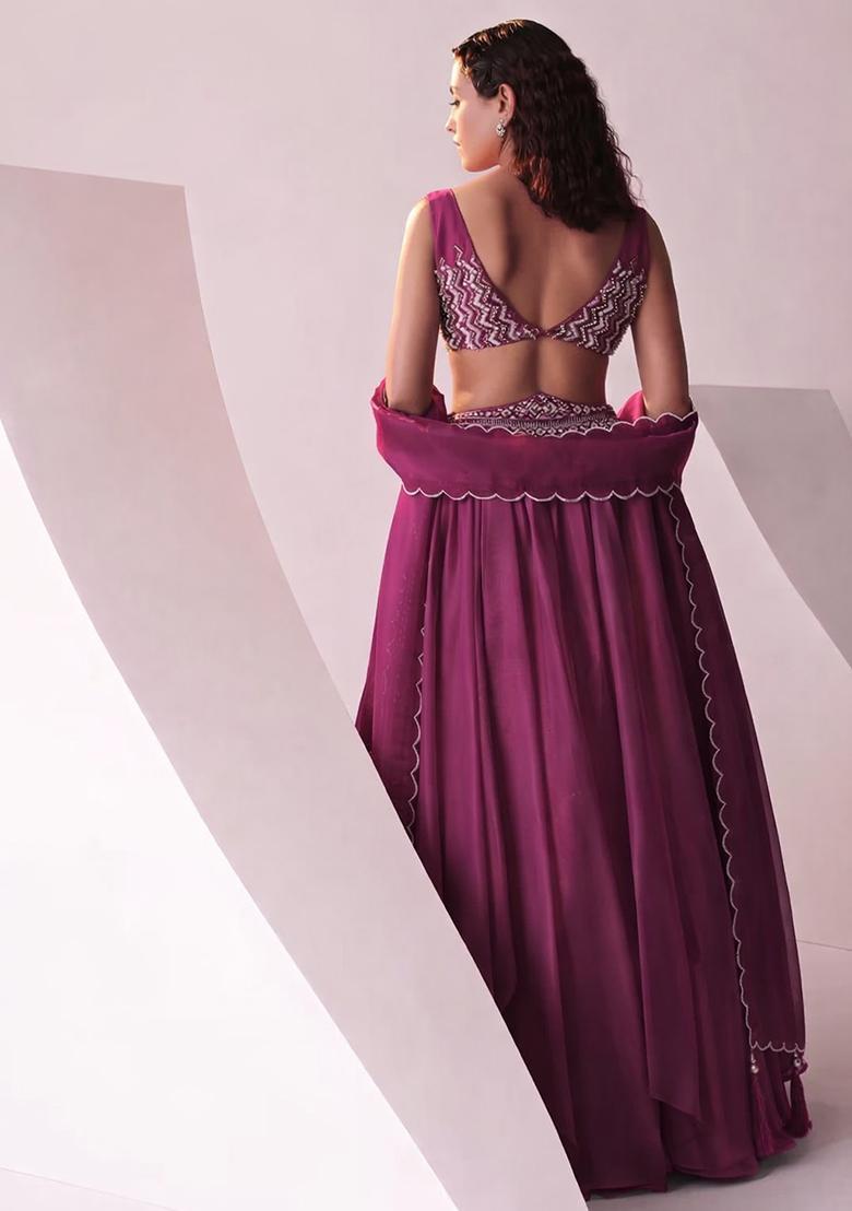 Wine Purple Embroidered Handwork Lehenga Set - Indya