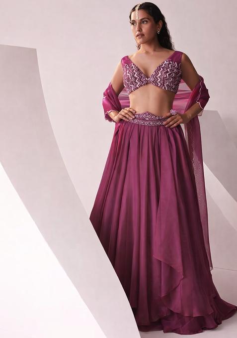 Wine Purple Embroidered Handwork  Lehenga Set
