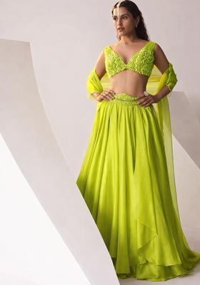 Lime Green Embroidered Handwork  Lehenga Set