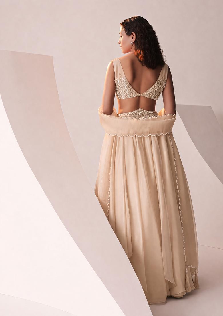 Beige Embroidered Handwork Lehenga Set - Indya