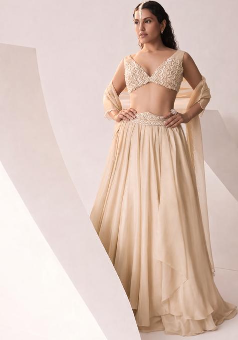Beige Embroidered Handwork  Lehenga Set