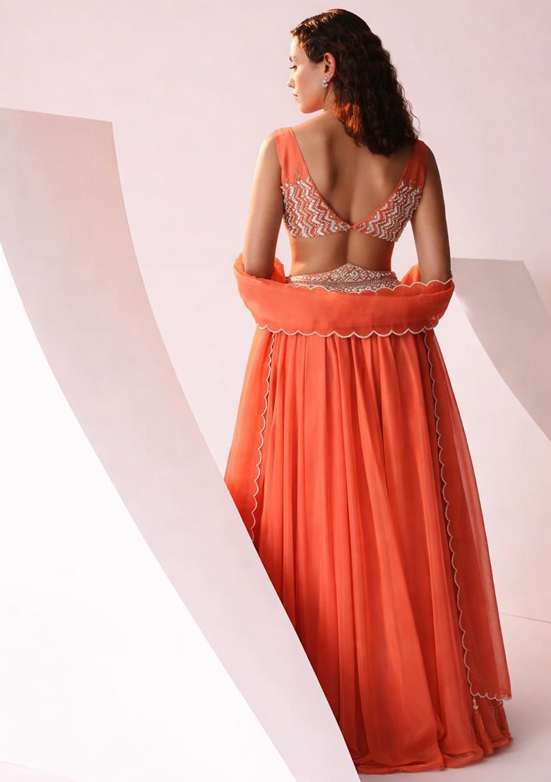 Orange Embroidered Handwork Lehenga Set - Indya