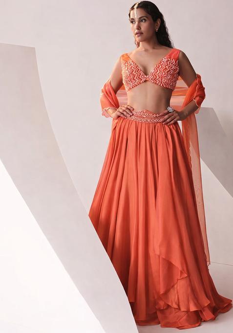 Orange Embroidered Handwork  Lehenga Set