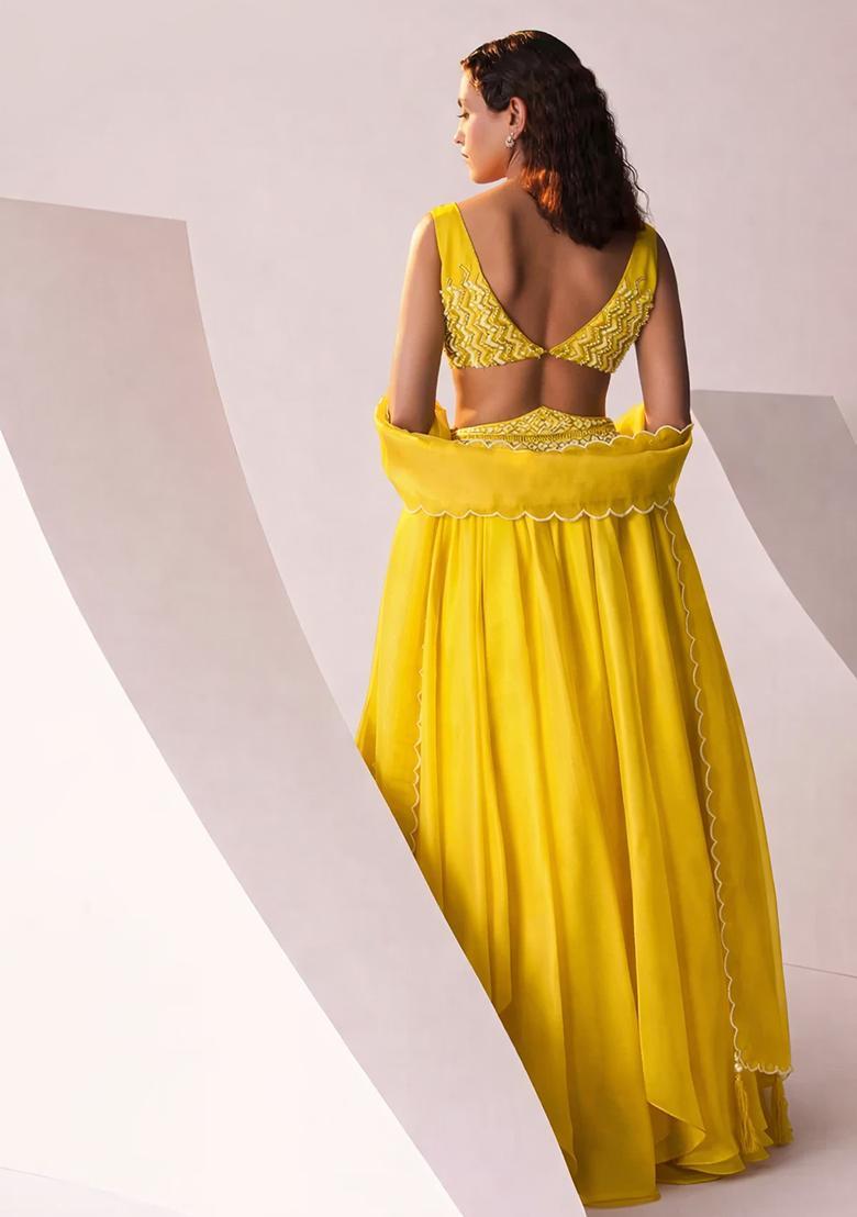 Yellow Embroidered Handwork Lehenga Set - Indya