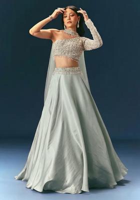 Mint Green Embroidered Handwork  Lehenga Set