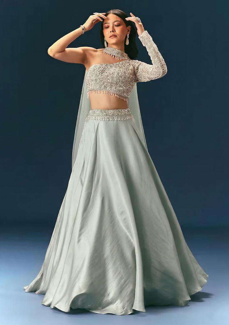 Mint Green Embroidered Handwork Lehenga Set - Indya