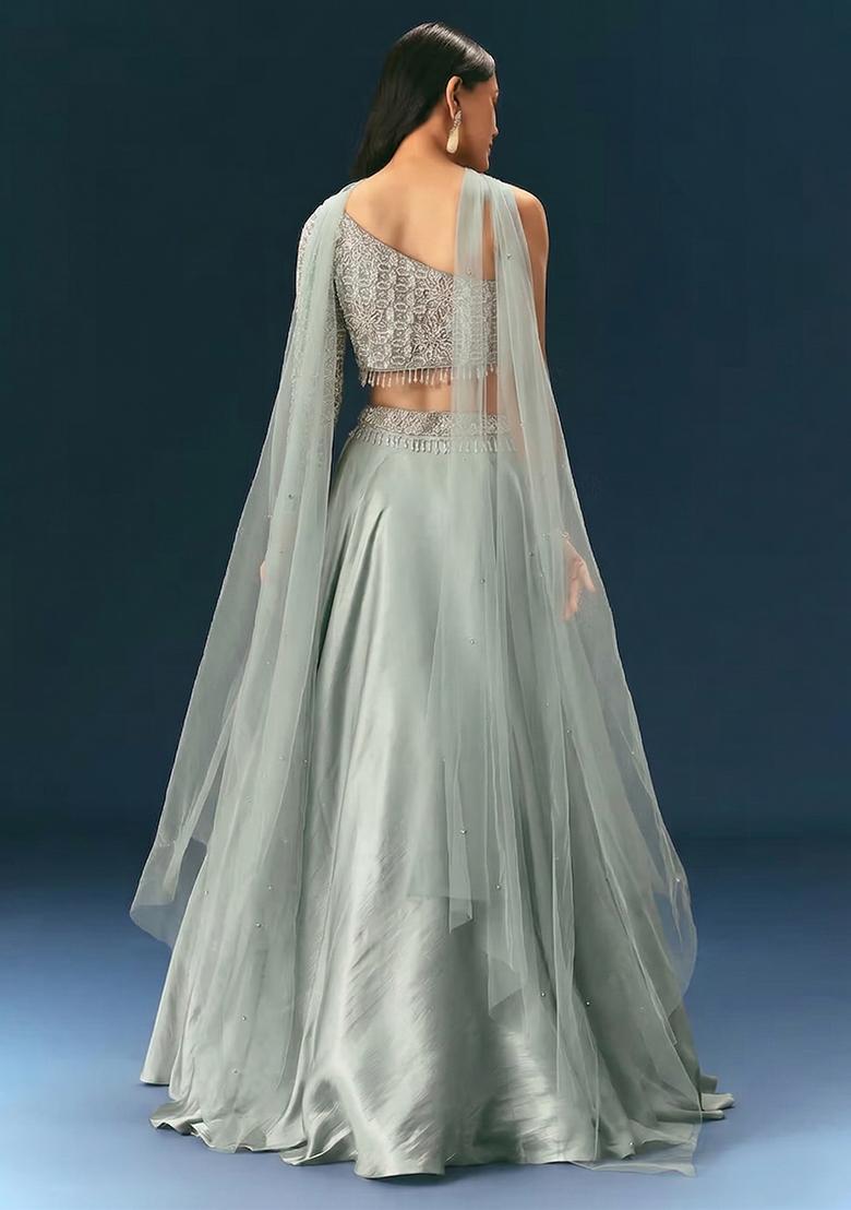 Mint Green Embroidered Handwork  Lehenga Set - Indya