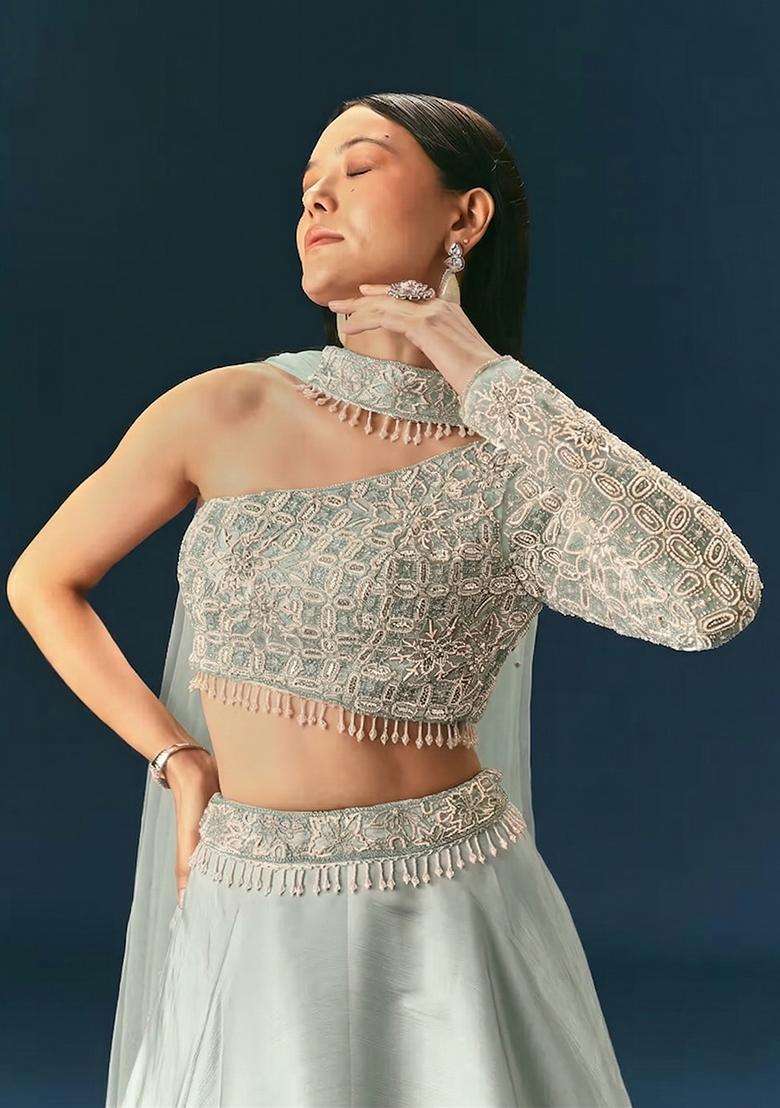 Mint Green Embroidered Handwork Lehenga Set - Indya